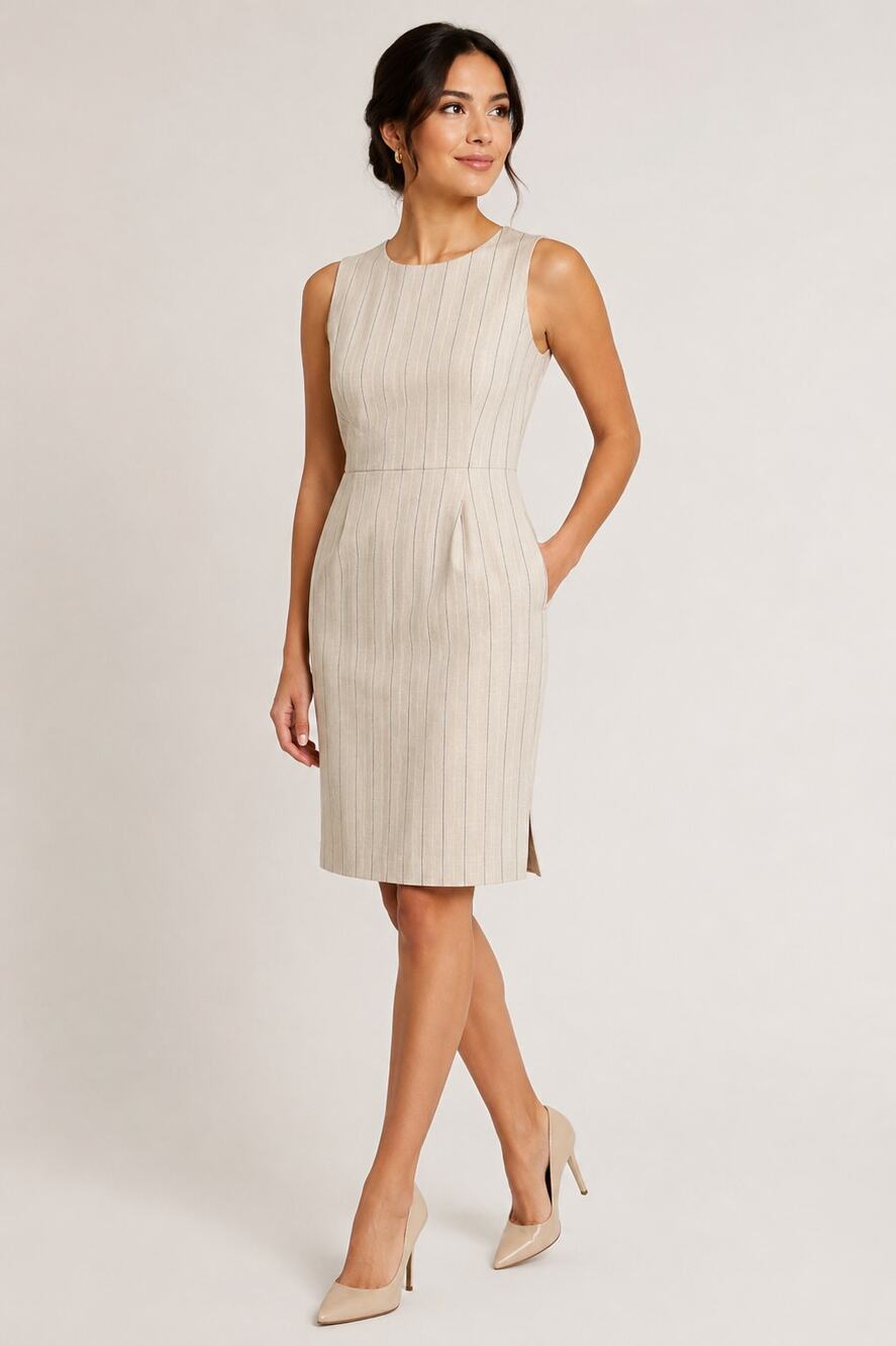 LLR283 Banana Republic Pinstripe Sheath Dress Size 6 Beige Career Office Dress